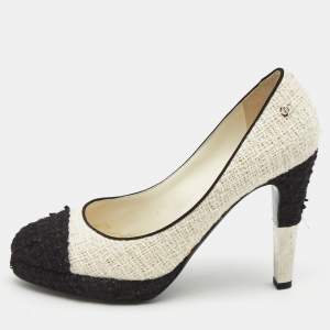 Pre Owned Chanel Black/White Tweed CC Cap-Toe Platform Pumps Size 40