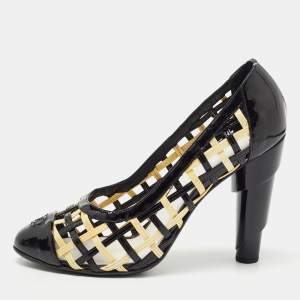 Pre Owned Chanel Black/Cream Patent Block Heel Pumps Size 40.5