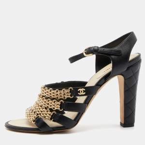 Chanel Black Leather Reissue Chain Detail Quilted Heel Ankle Strap Sandals Size 40.5