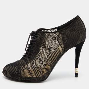 Chanel Black Lace and Alcantara Ankle Booties Size 40.5