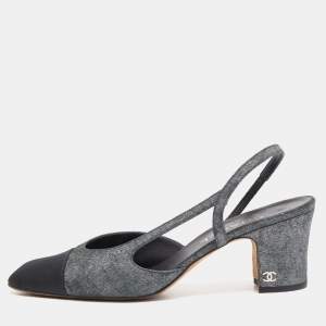 Pre Owned Chanel Grey/Black Laminated Suede and Canvas Cap Toe CC Slingback D'orsay Pumps Size 40