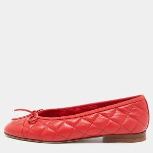 Chanel Red Quilted Leather CC Bow Ballet Flats Size 35.5