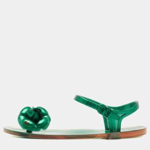 Chanel Green  Glitter Jelly Camellia Flat Sandals Size 37