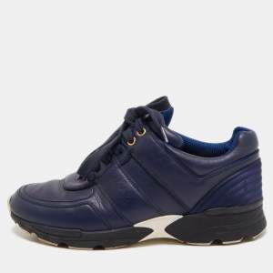 Pre Owned Chanel Navy Blue Satin And Leather CC Low Top Sneakers Size 37.5