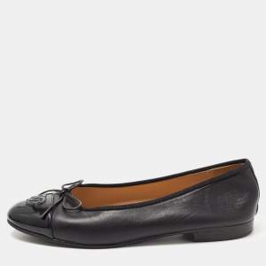 Chanel Black Leather and Patent Cap Toe CC Bow Ballet Flats Size 37