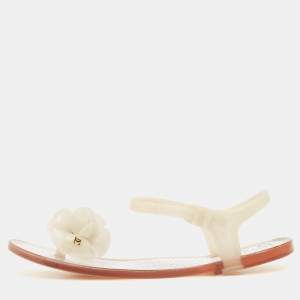 Chanel White Jelly CC Camellia Thong Flat Sandals Size 37