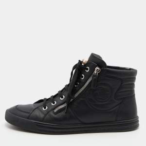 Pre Owned  Chanel Black Leather CC Double Zip Accent High Top Sneakers Size 40
