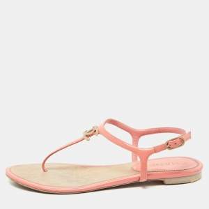 Chanel Pink Patent CC Slingback Thong Sandals Size 37.5