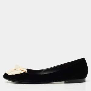 Pre Owned Chanel Black/White Velvet Camelia Ballet Flats Size 39.5