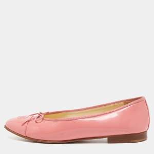 Pre Owned Chanel Pink Patent Leather CC Cap Toe Bow Ballet Flats Size 38.5
