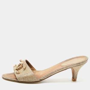 Chanel Beige Texture Leather CC Slide Sandals Size 38