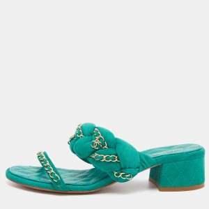 Chanel Green Suede Chain Embellished Flat Slide Sandals Size 38.5