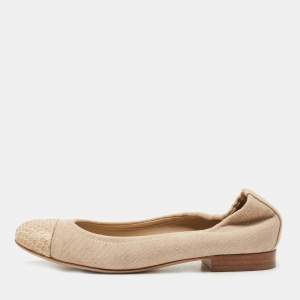 Chanel Beige Canvas and Python CC Cap Toe Ballet Flats Size 37