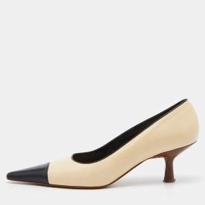 Chanel Beige/Black Leather Cap Toe Pumps Size 38.5