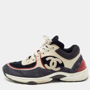 Chanel Tricolor Suede, Leather and Velvet CC Low Top Sneakers Size 38