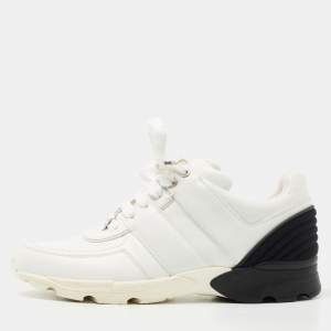 Chanel White/Black Leather and Fabric CC Low Top Sneakers Size 39.5