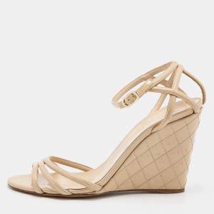 Chanel Beige Patent Leather Wedge Open Toe Sandals Size 38.5