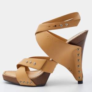 Chanel Beige Leather Embellished Criss Cross Ankle Strap Sandals Size 38