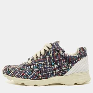 Pre Owned Chanel Multicolor Tweed and Leather CC Low Top Sneakers Size 41.5