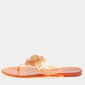 Pre Owned Chanel Orange Jelly Camellia Thong Flats Size 41