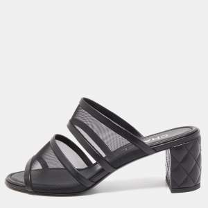 Chanel Black Mesh and Quilted Leather CC Block Heel Slide Sandals Size 39