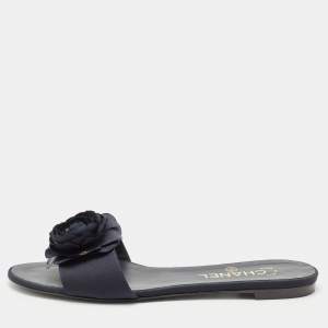 Chanel Blue Canvas Camellia Accent Slides Size 39