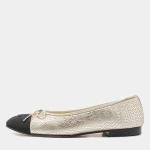 Chanel Black/Silver Leather And Fabric Cap Toe CC Bow Ballet Flats Size 38.5
