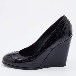 Chanel Black Brogue Patent Leather Wedge Pumps Size 37