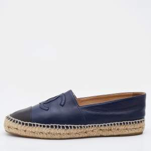Chanel Blue/Black Leather CC Cap Toe Espadrilles Flats Size 40