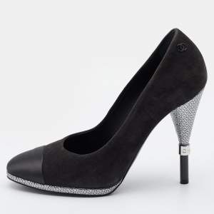Pre Owned Chanel Black Suede and Satin Cap Toe CC Pumps Size 37.5