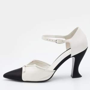 Chanel Cream/Black Leather, Satin and Canvas Pointed Cap Toe Ankle Strap Pumps Size 38