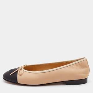 Chanel Beige/Black Leather CC Cap Toe Bow Ballet Flats Size 38