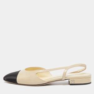 Chanel Cream/Black Satin and Patent CC Slingback Flats Size 38.5