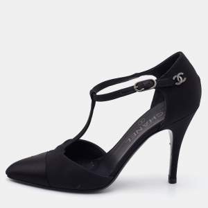 Pre Owned Chanel Black Satin Cap Toe T Strap Pumps Size 37.5