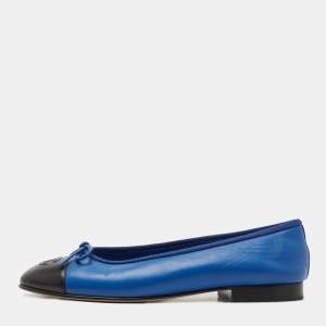 Chanel Blue/Black Leather CC Cap Toe Bow Ballet Flats Size 38