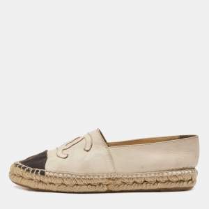 Chanel Cream/Black Leather and Canvas CC Espadrille Flats Size 38