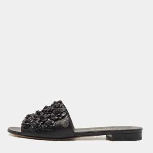 Chanel Black Leather Camellia Applique CC Flat Slides Size 37.5