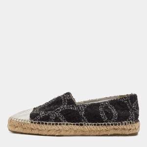 Chanel Black/Silver Tweed and Leather Cap Toe CC Espadrille Flats Size 39
