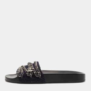 Chanel Blue Tweed and Leather Tropiconic Chain Slides Flats Size 37