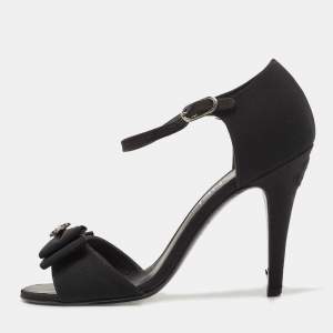 Chanel Black Fabric Bow Ankle Strap Sandals Size 37.5