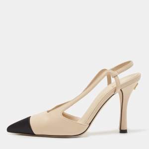 Chanel Cream/Black Leather And Satin Cap-Toe Slingback Pumps Size 37