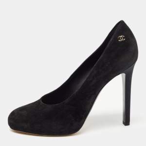 Pre Owned Chanel Black Suede Round Toe Platform Pumps Size 38