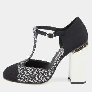 Chanel Black/Silver Woven Leather and Fabric T-Strap Pumps Size 39