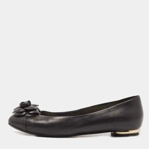 Pre Owned Chanel Black Leather Camelia Ballet Flats Size 38.5