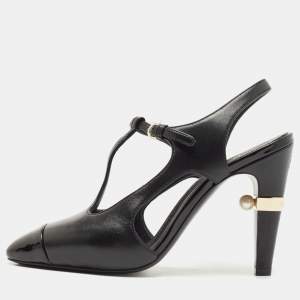 Pre Owned Chanel Black Leather CC Logo T-Strap Pumps Size 36