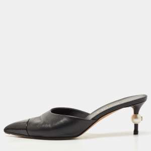 Chanel Black /Grey Patent and Leather CC Faux Pearl Embellished Mules Size 39.5 