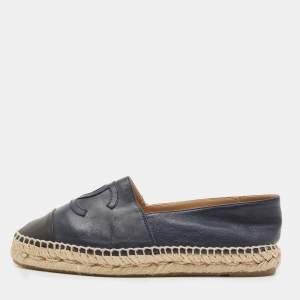 Chanel Two Tone Leather CC Cap Toe Espadrille Flats Size 37 