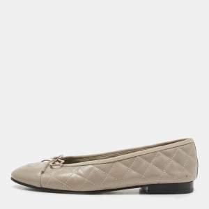 Chanel Grey Leather CC Cap Toe Ballet Flats Size 37.5