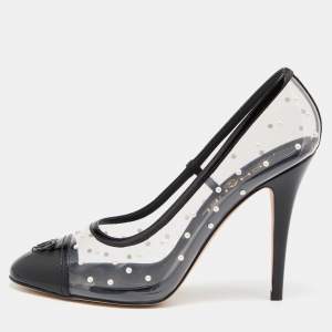 Chanel Black/Transparent Patent Leather and PVC Pearl Embellished Cap Toe Pumps Size 39