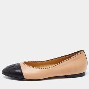 Chanel Beige/Black Leather CC Ballet Flats Size 38